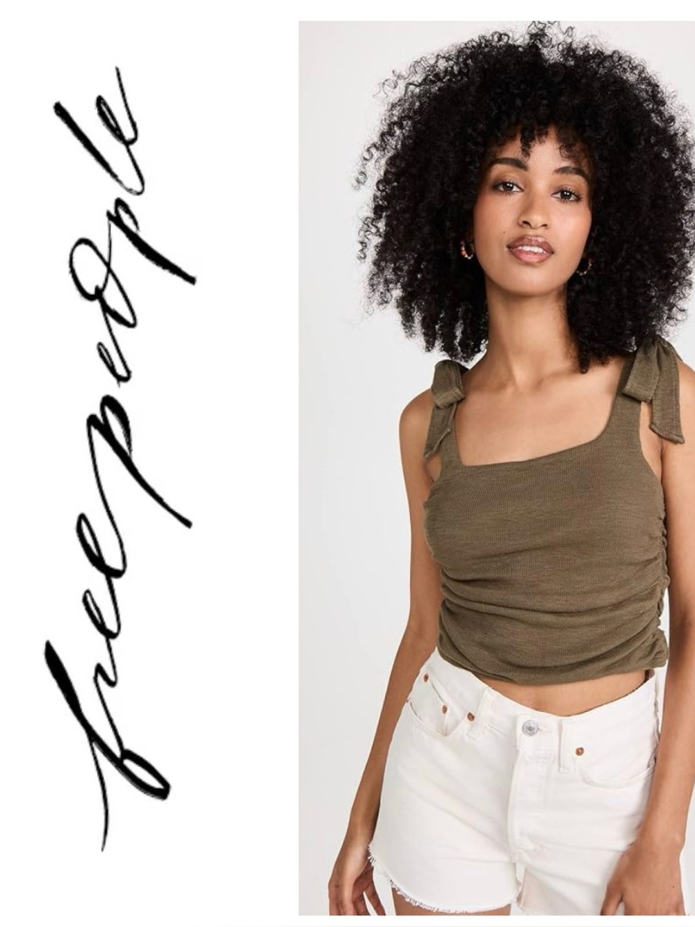 Free People NWOT Boulevard army green ruched tie strap crop top